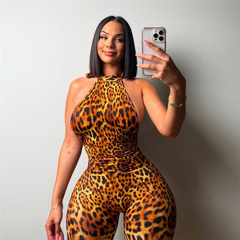 Summer Sexy Backless Halter Lace up Leopard Print Hip Raise Skinny Jumpsuit for Women Bella Mia